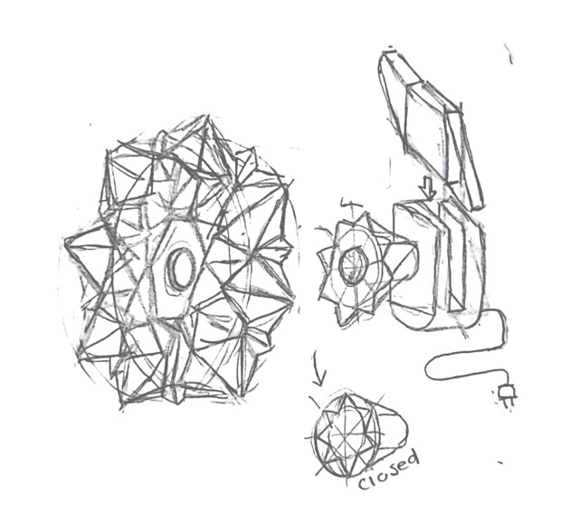Final system integration sketch showing the static wood base with the servo and origami panel, and the detachable sensor pod connected via pogo pins