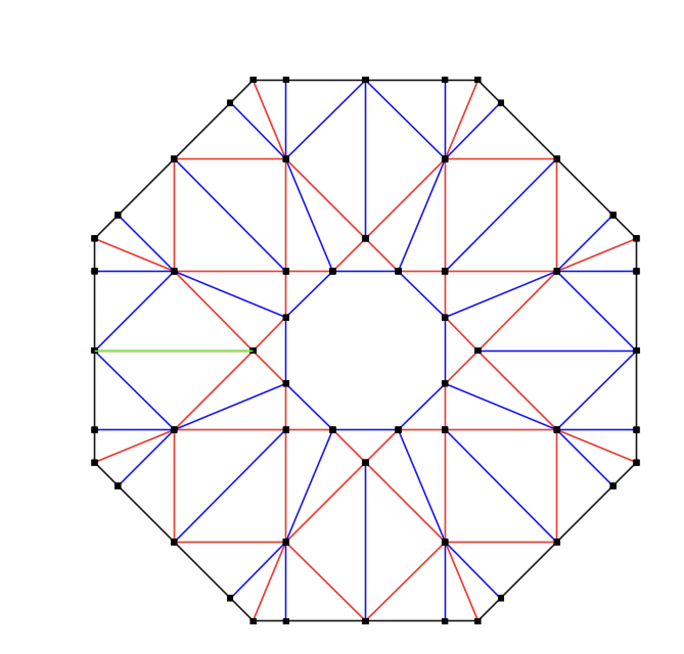 ORIPA software showing the completed Octagrammer crease pattern with mountain folds in red and valley folds in blue, ready for DXF export