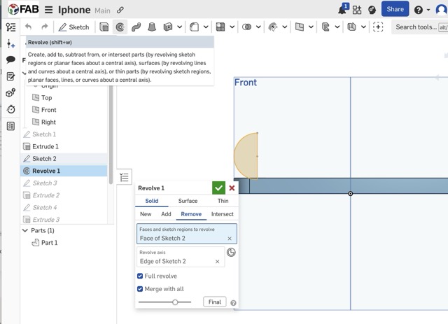 First sketch on Top Plane — rectangular cellphone outline