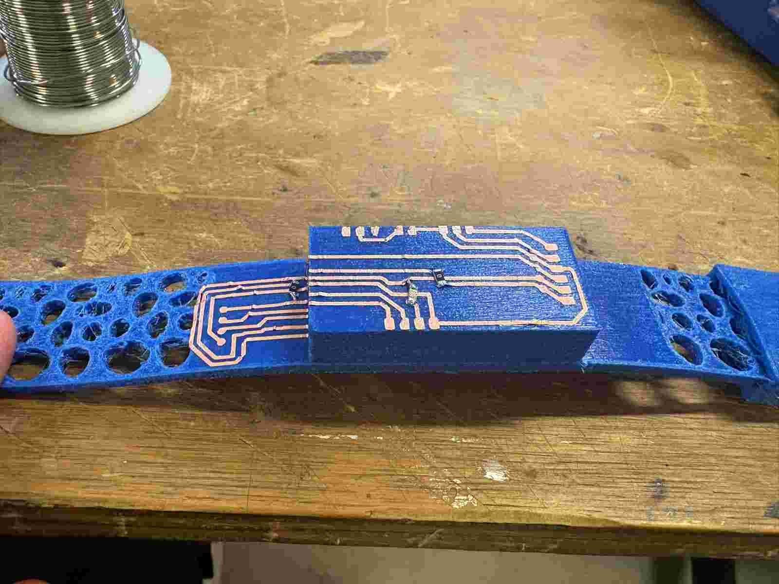 Flexible copper tape substrate during initial packaging test before component soldering