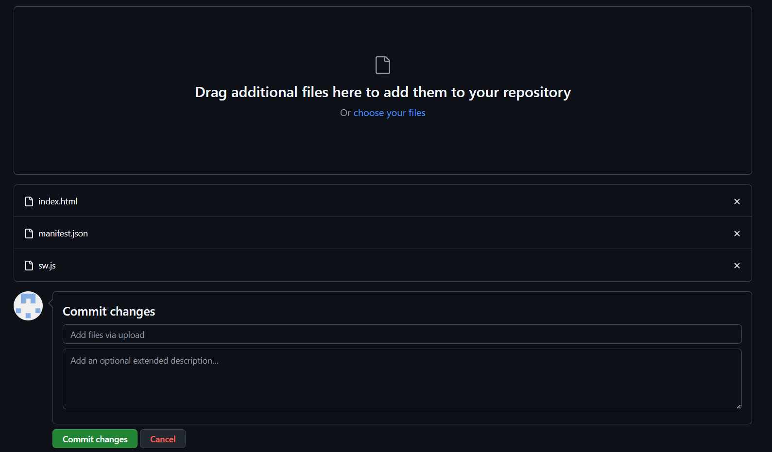 Upload area showing index.html, manifest.json and sw.js ready to commit