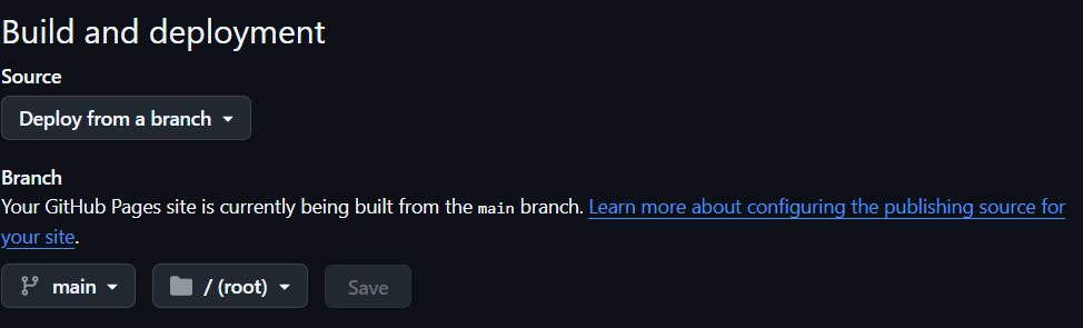GitHub Pages build and deployment settings with main branch and root folder selected