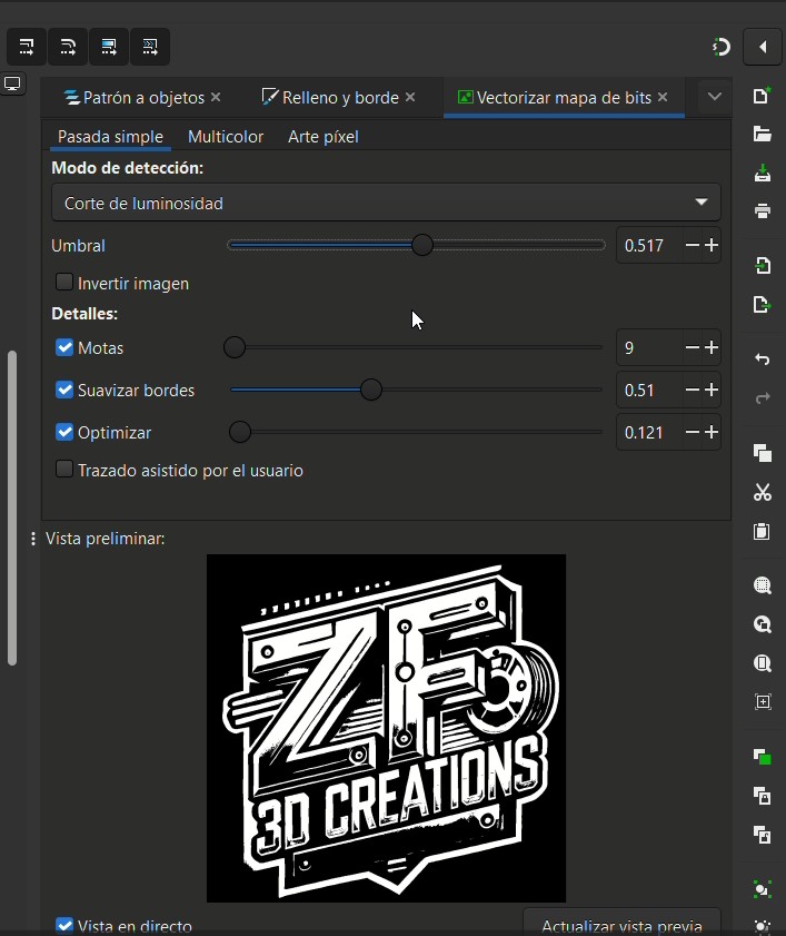 Trace Bitmap panel showing threshold settings
