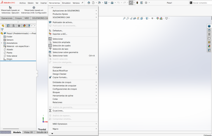 SolidWorks Equations menu