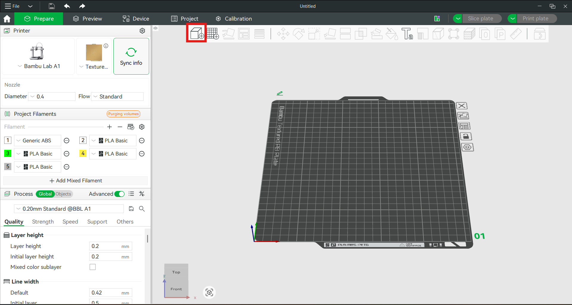 Bambu Studio — Import model button highlighted in the top toolbar