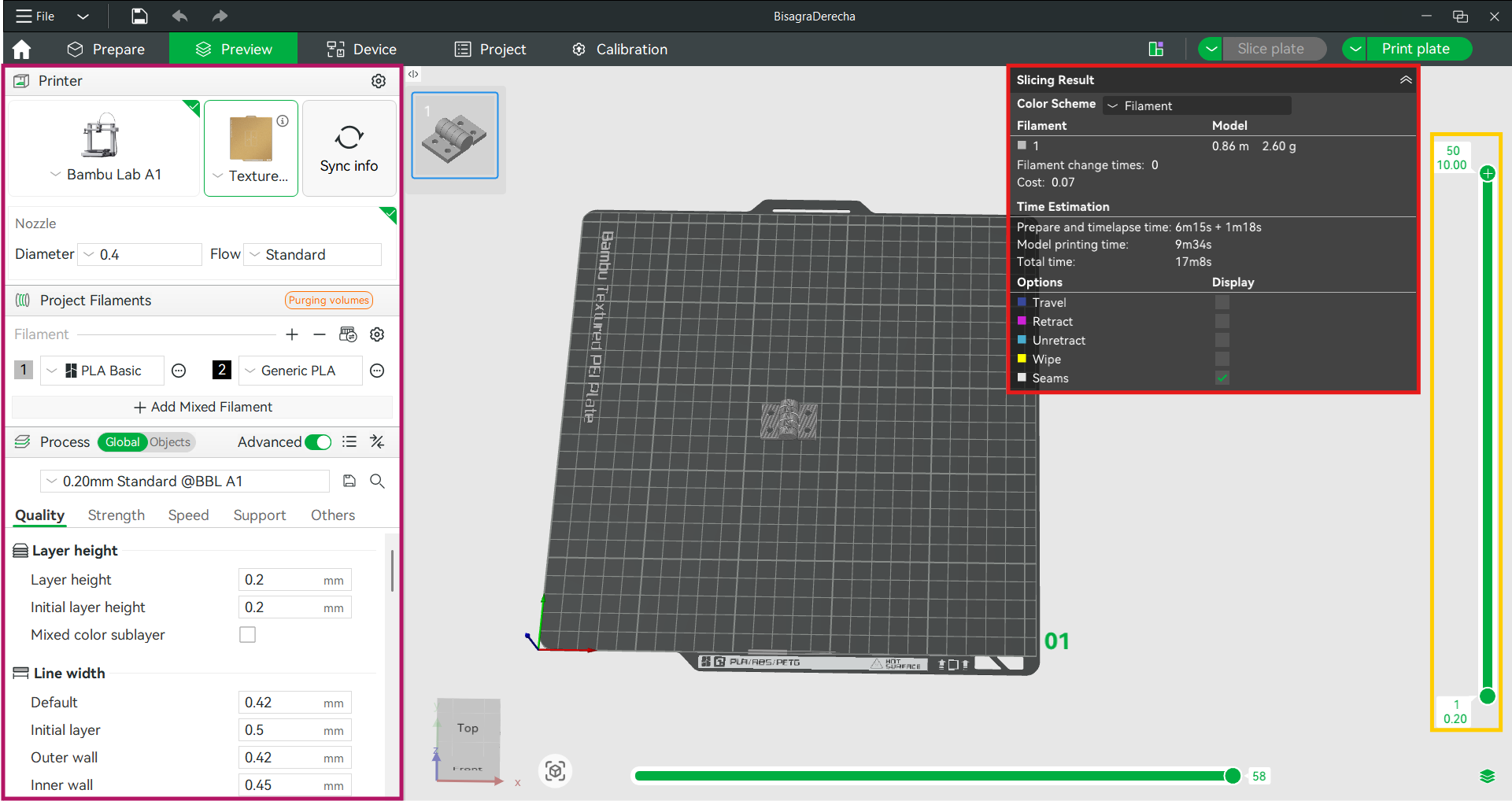 Bambu Studio Preview view with Slicing Result panel and layer slider