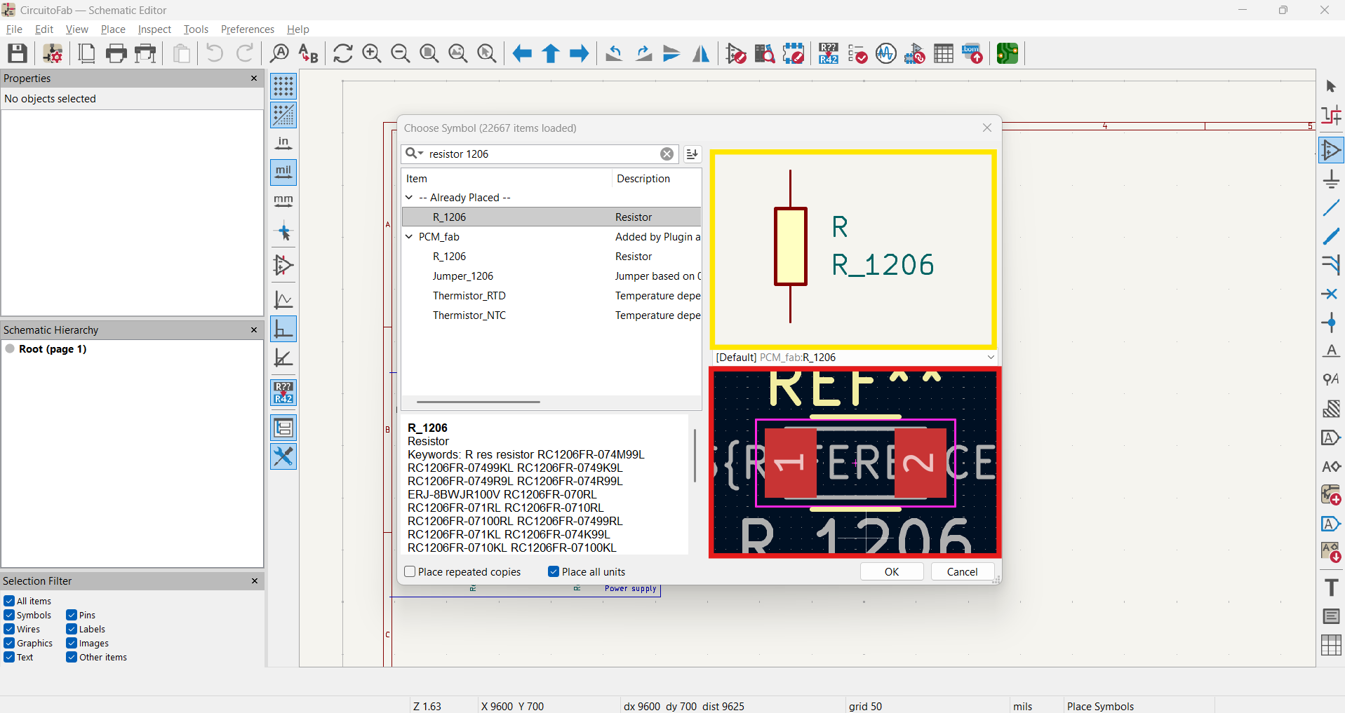 KiCad single-layer PCB layout with centered microcontroller and wider power traces