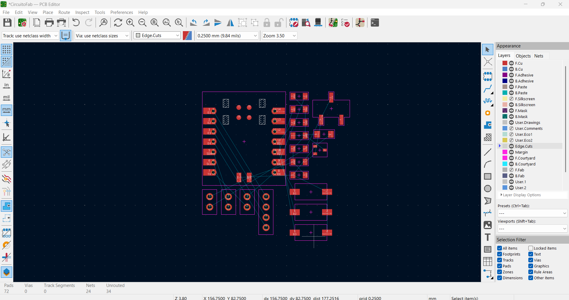 KiCad single-layer PCB layout with centered microcontroller and wider power traces