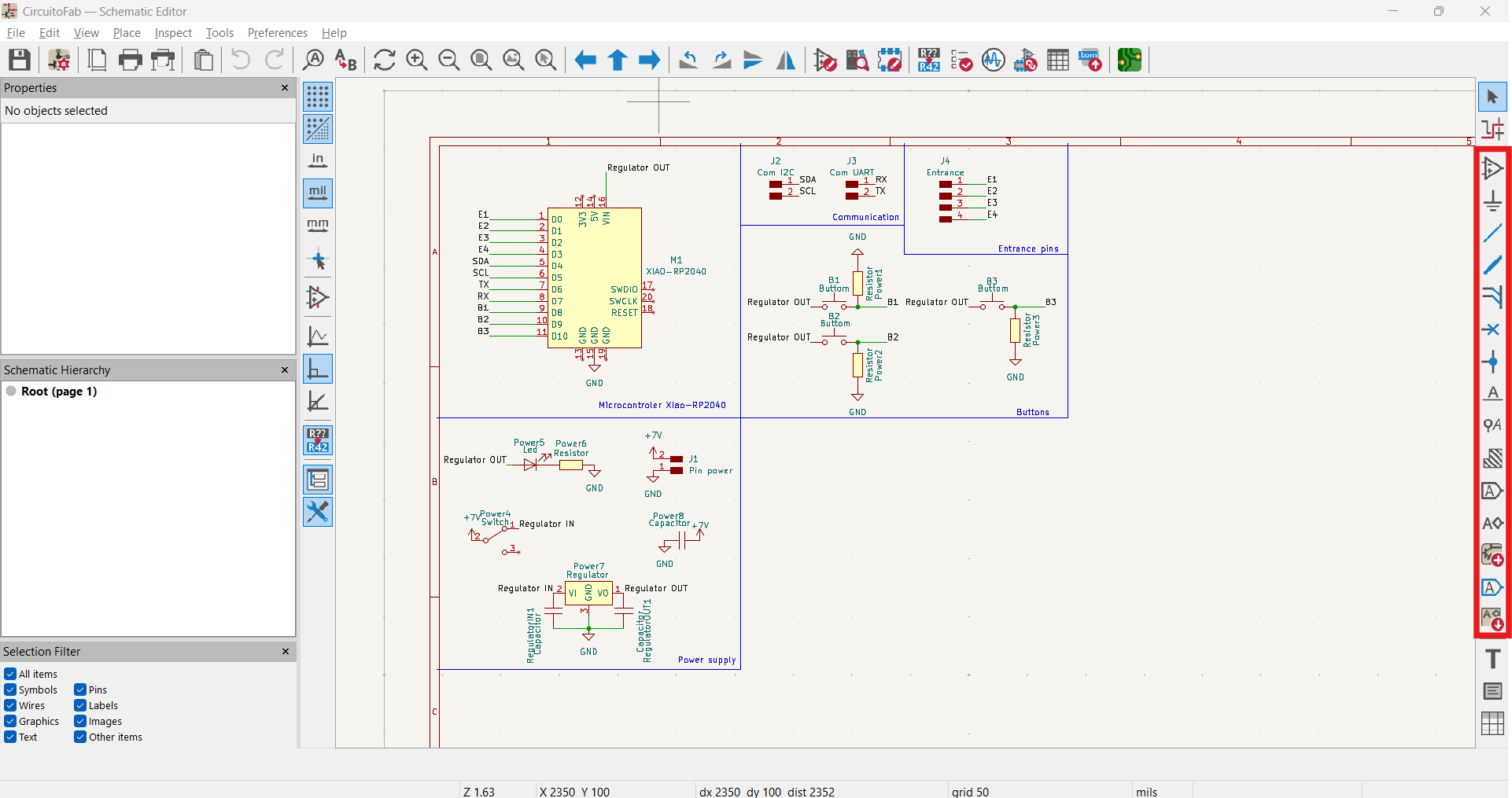 KiCad single-layer PCB layout with centered microcontroller and wider power traces