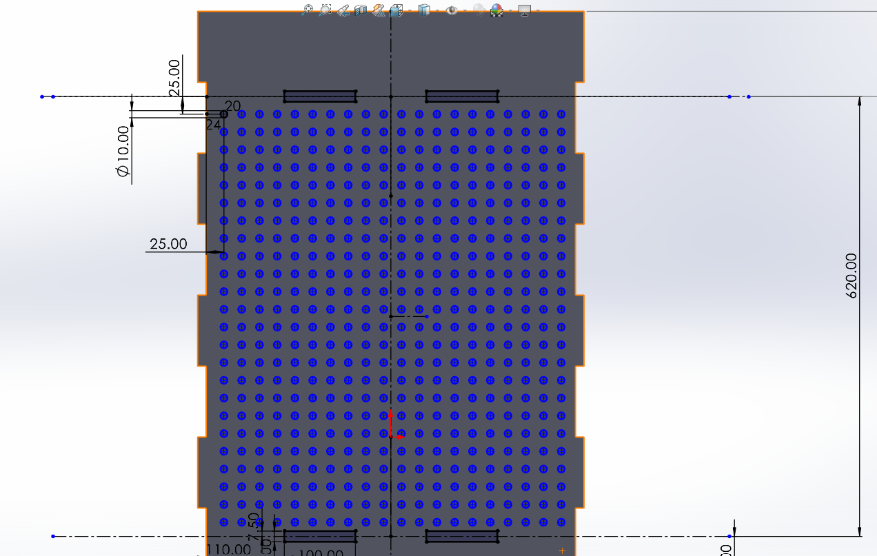 Perforated panel dimensions: 620 mm tall, 10 mm holes on 25 mm grid