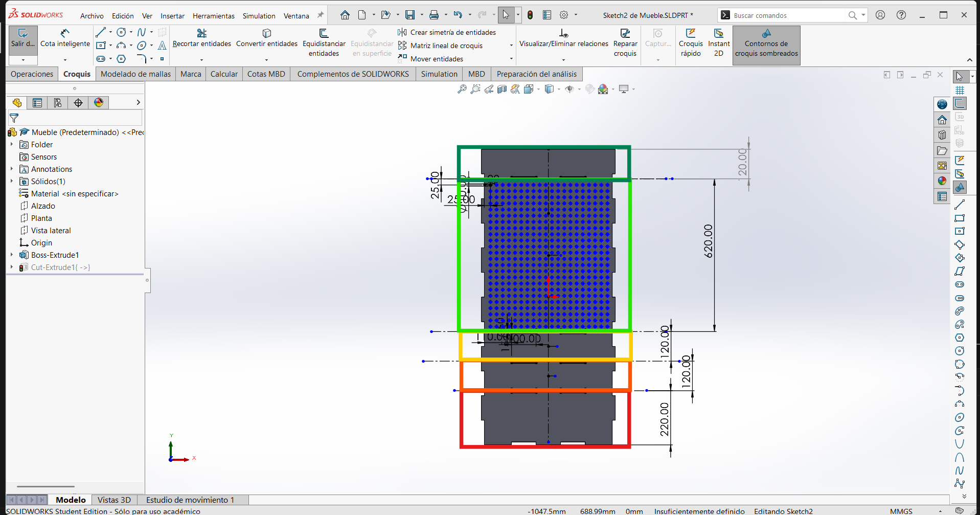 SolidWorks sketch with colored zones and dimensions for each climbing gear compartment