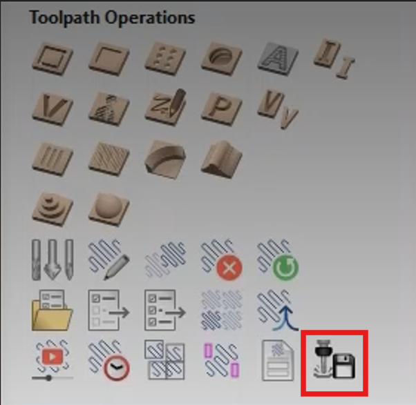 VCarve Toolpath Operations with the Save Toolpath icon highlighted