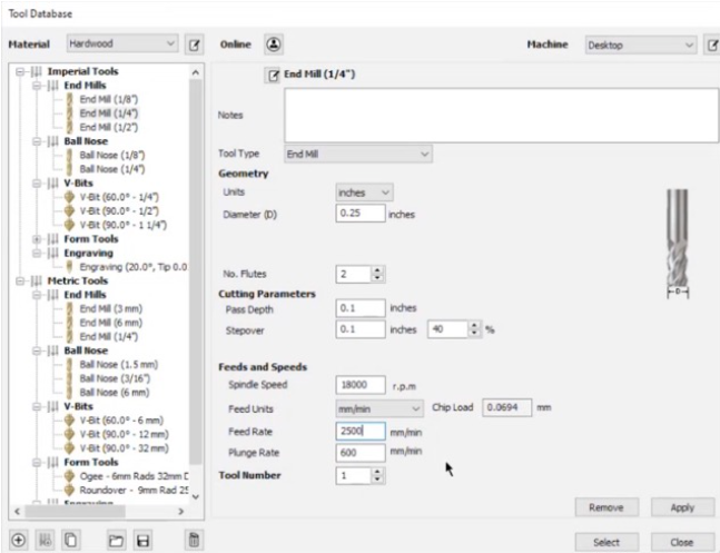 VCarve Tool Database showing the 1/4 inch end mill parameters