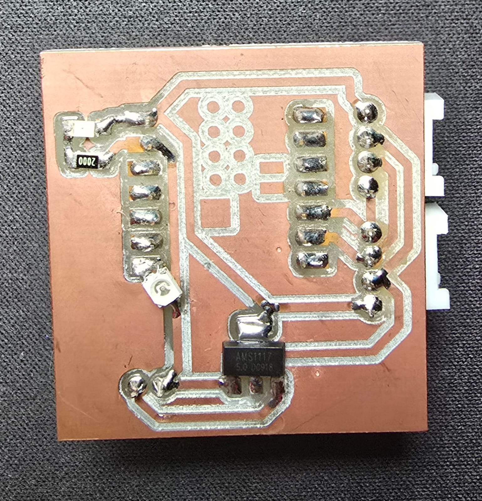 3D render of the second PCB design showing the XIAO, regulator, sensor, display, fan and LED footprints