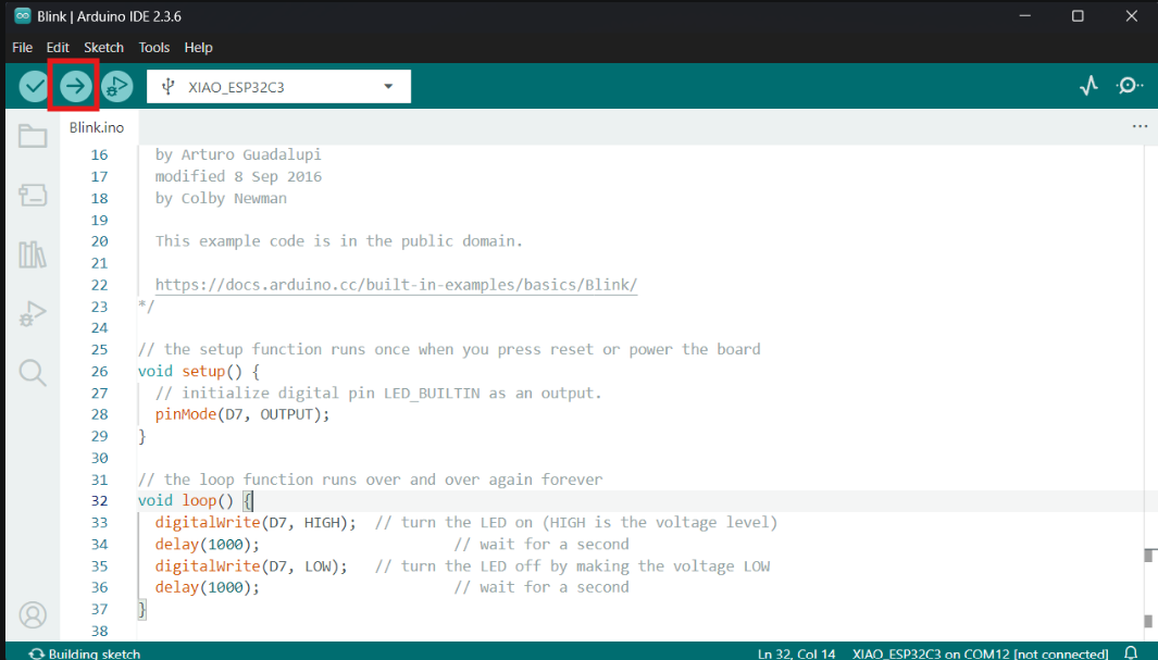 Arduino IDE showing the Blink code for the XIAO RP2350