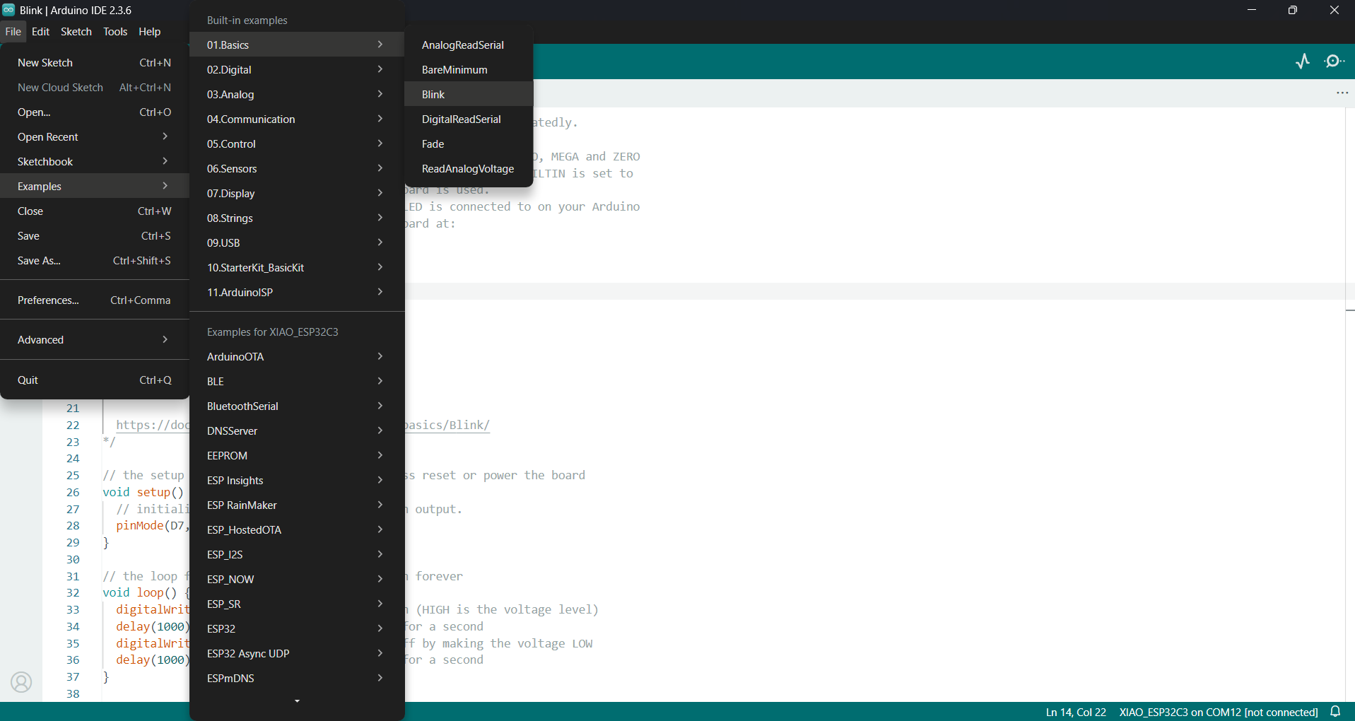 Arduino IDE File > Examples > 01.Basics > Blink menu