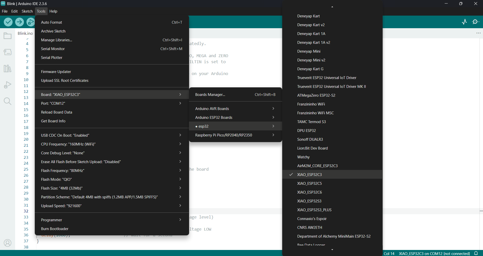 Arduino IDE Tools > Board menu selecting the XIAO RP2350