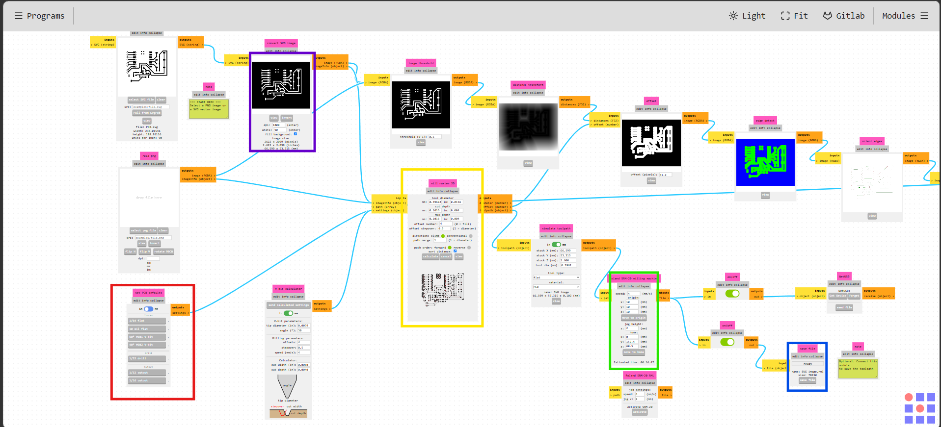 mods full workflow with tool selector, convert SVG, SRM-20 machine and save file modules highlighted