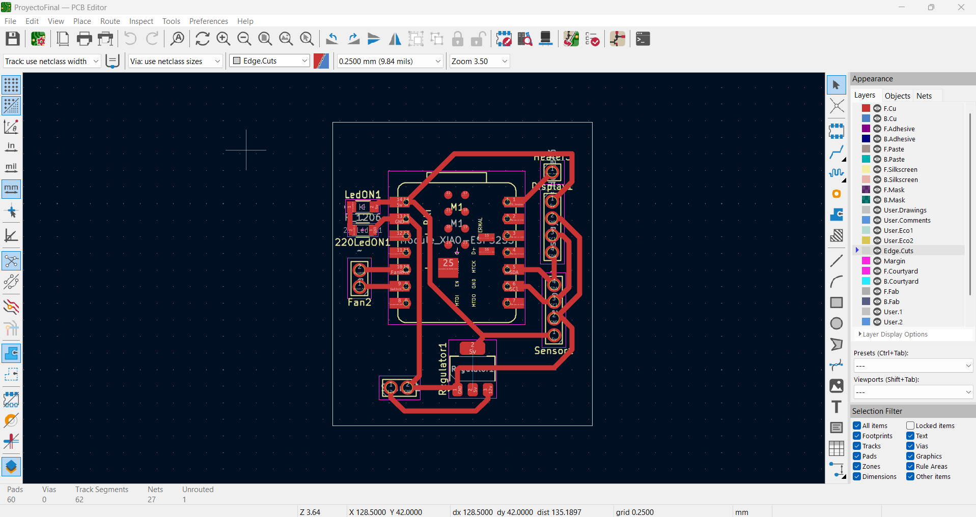 Second PCB design in KiCad with the power routed correctly, showing the XIAO, regulator, sensor, display, fan, heater and LED