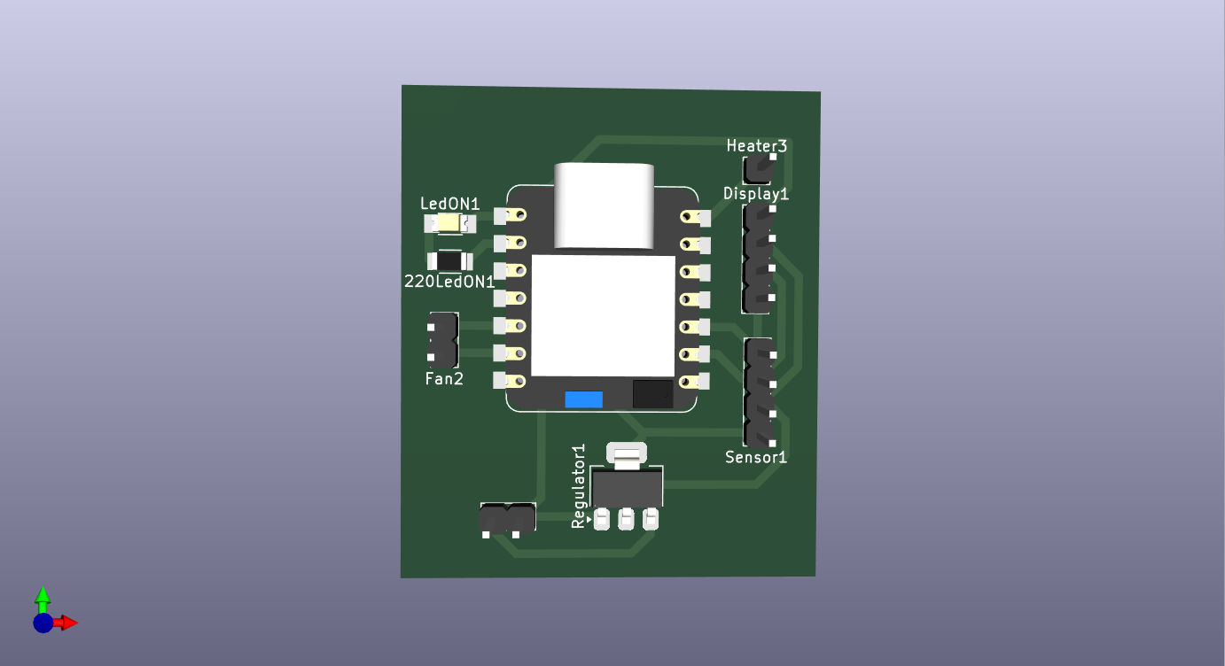 3D render of the second PCB design showing the XIAO, regulator, sensor, display, fan and LED footprints
