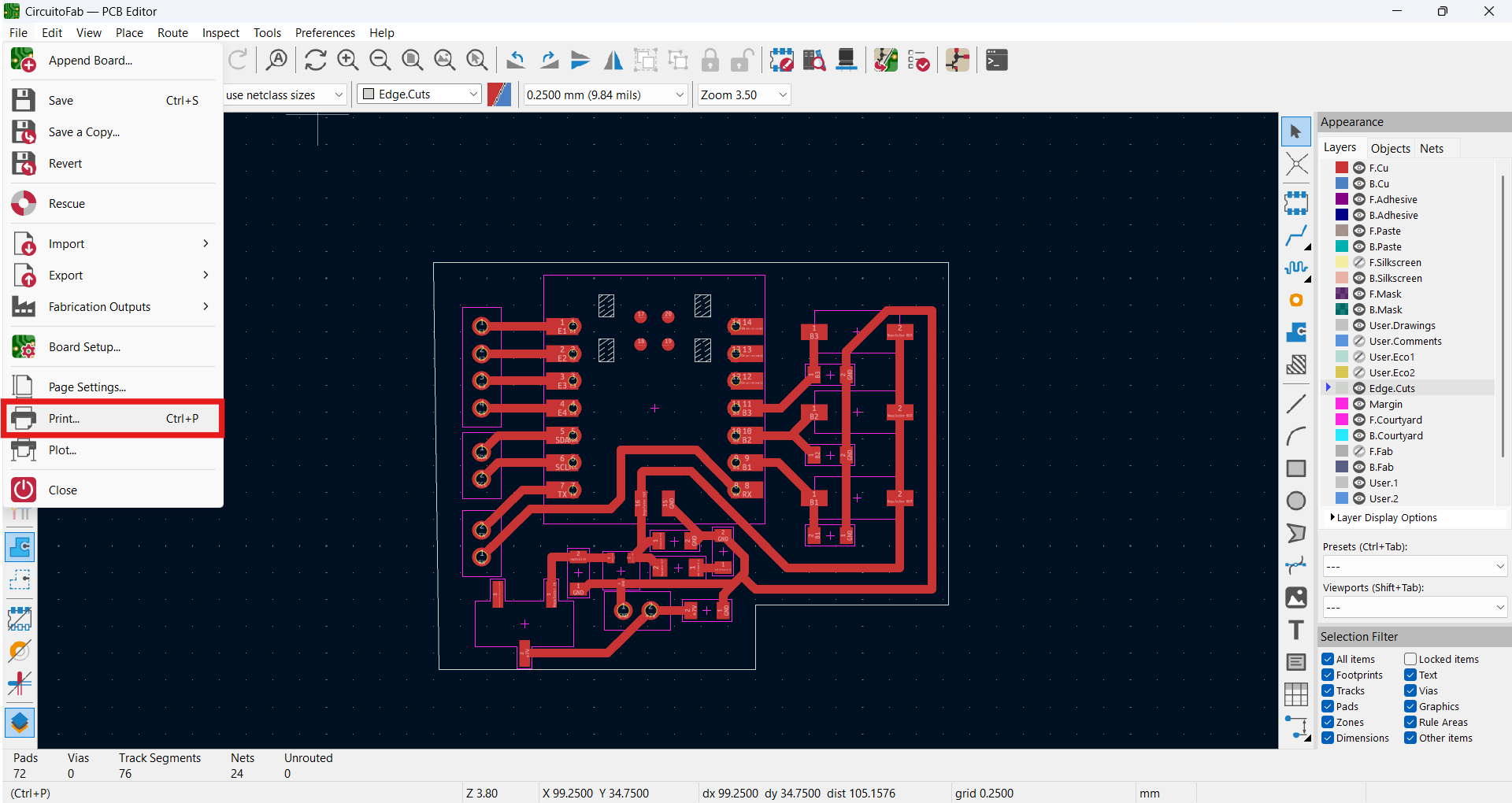 KiCad File menu with Print highlighted