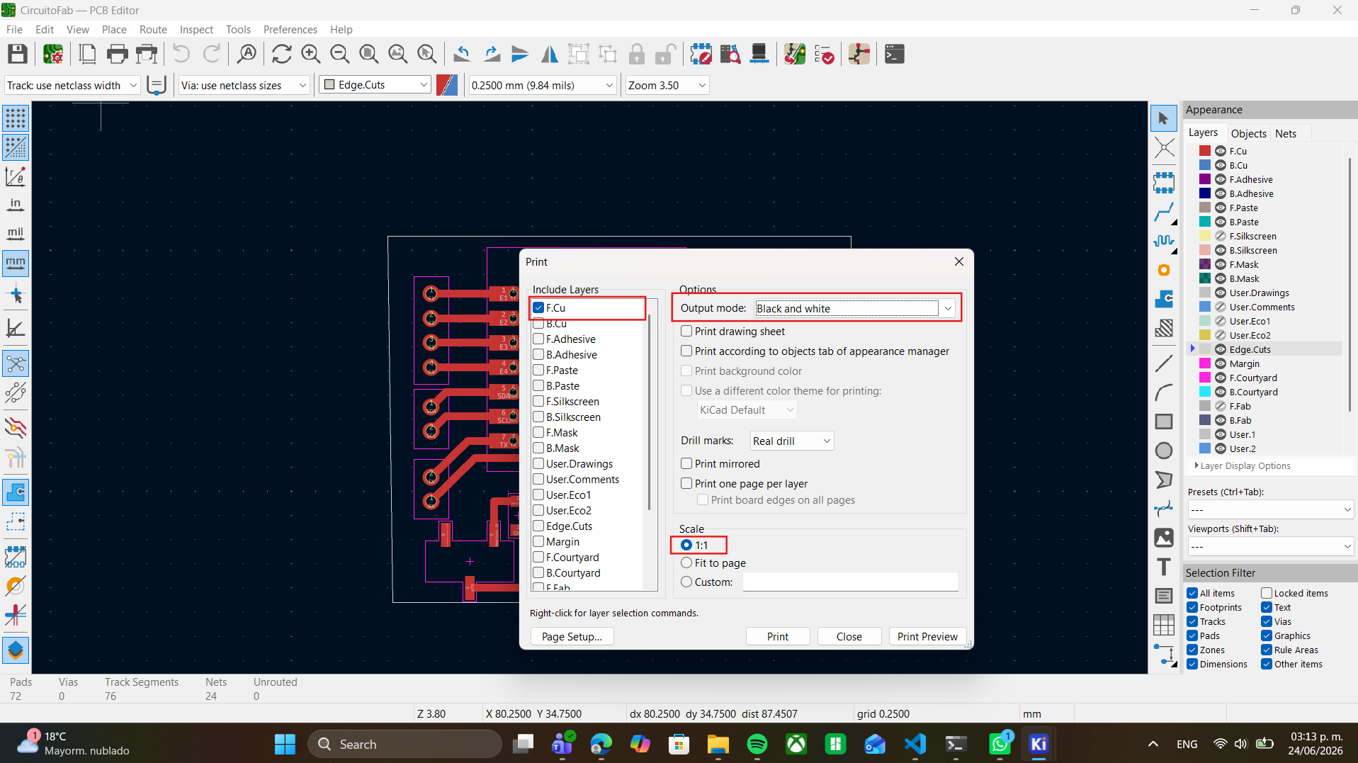 KiCad Print dialog: F.Cu selected, Black and white output, 1:1 scale