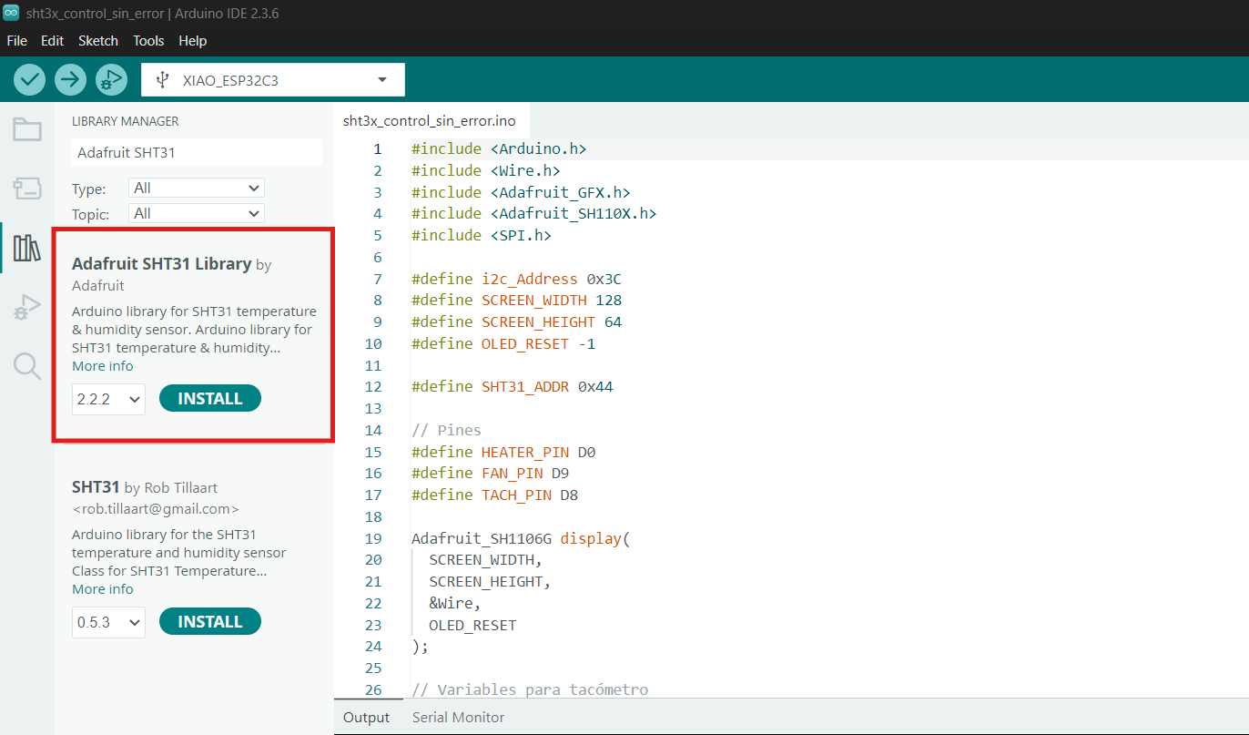 Searching for and installing the Adafruit SHT31 library in the Library Manager