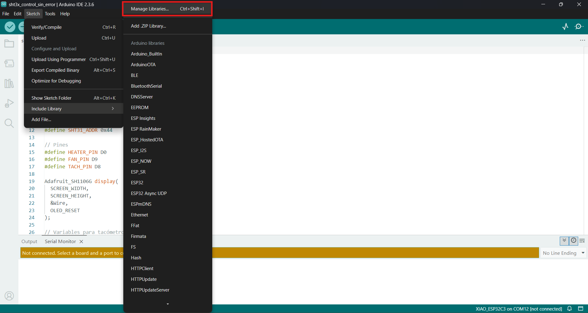 Arduino IDE Library Manager opened from Sketch > Include Library > Manage Libraries