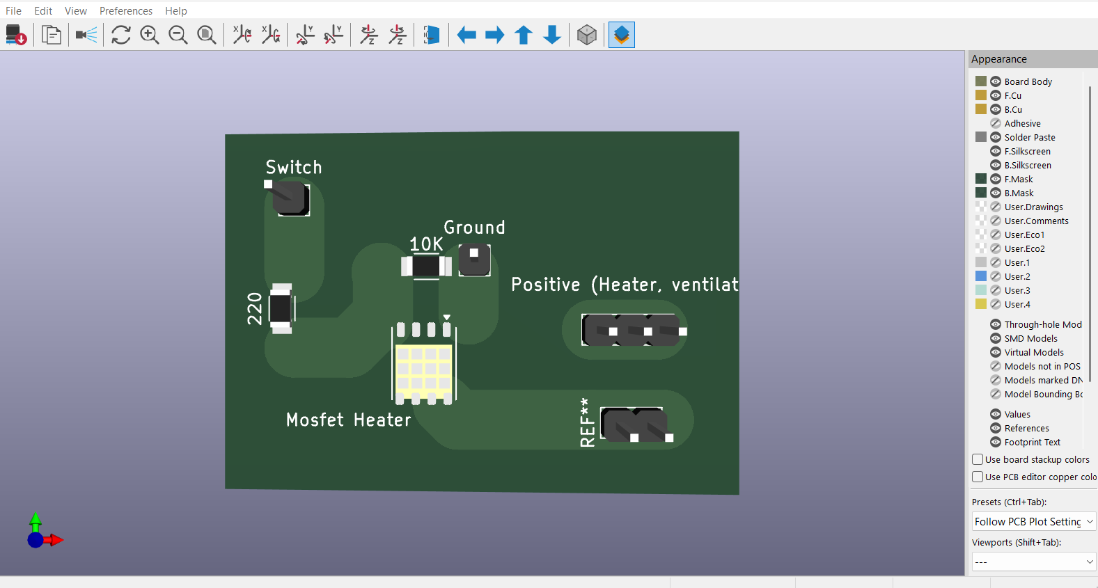 KiCad 3D render of the heater driver board
