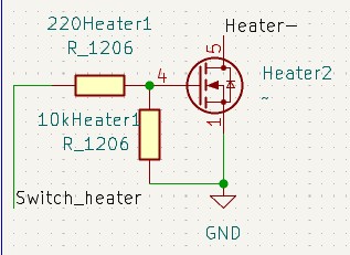 Schematic of the MOSFET driver: 220 ohm gate resistor, 10k pull-down, heater and GND