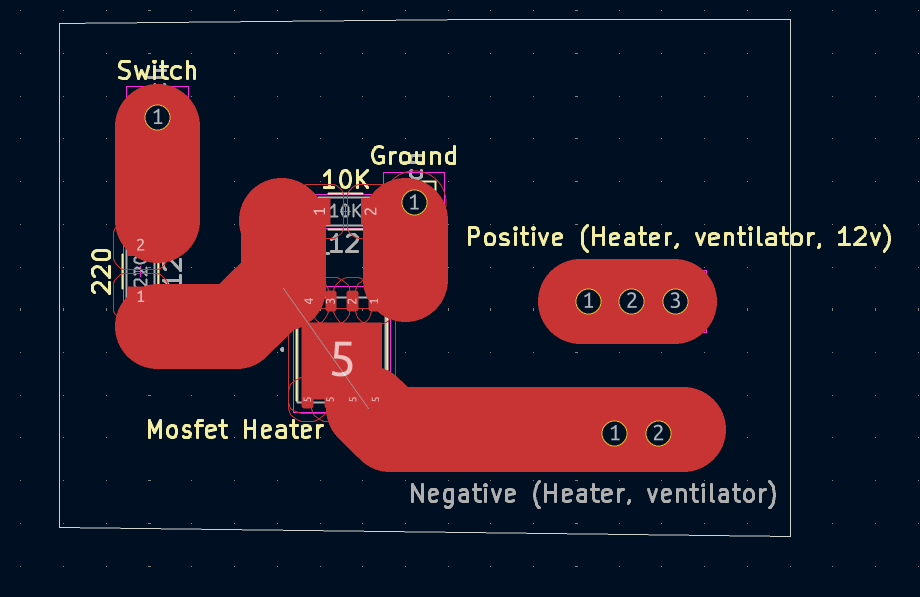 KiCad 2D PCB layout of the MOSFET heater driver board with labeled nets and wide traces