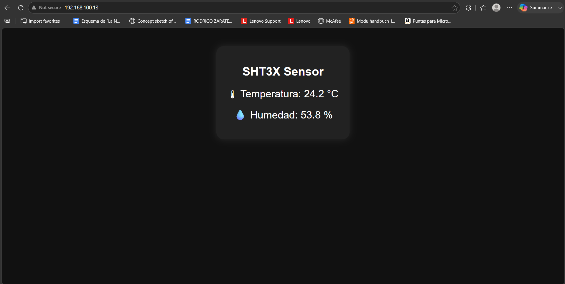 Browser showing the web page served by the Raspberry Pi with live temperature and humidity coming from the XIAO over BLE.