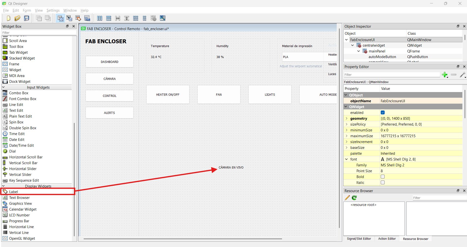 Qt Designer with the PrintVault Pro interface open, showing the Widget Box, Object Inspector and Property Editor