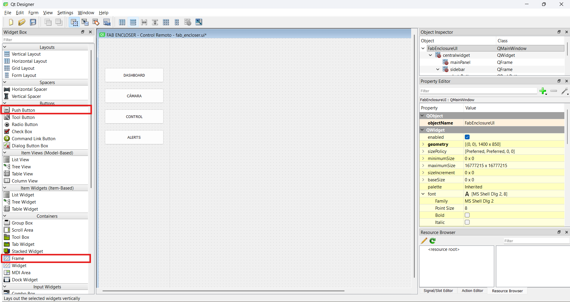 Qt Designer with the PrintVault Pro interface open, showing the Widget Box, Object Inspector and Property Editor