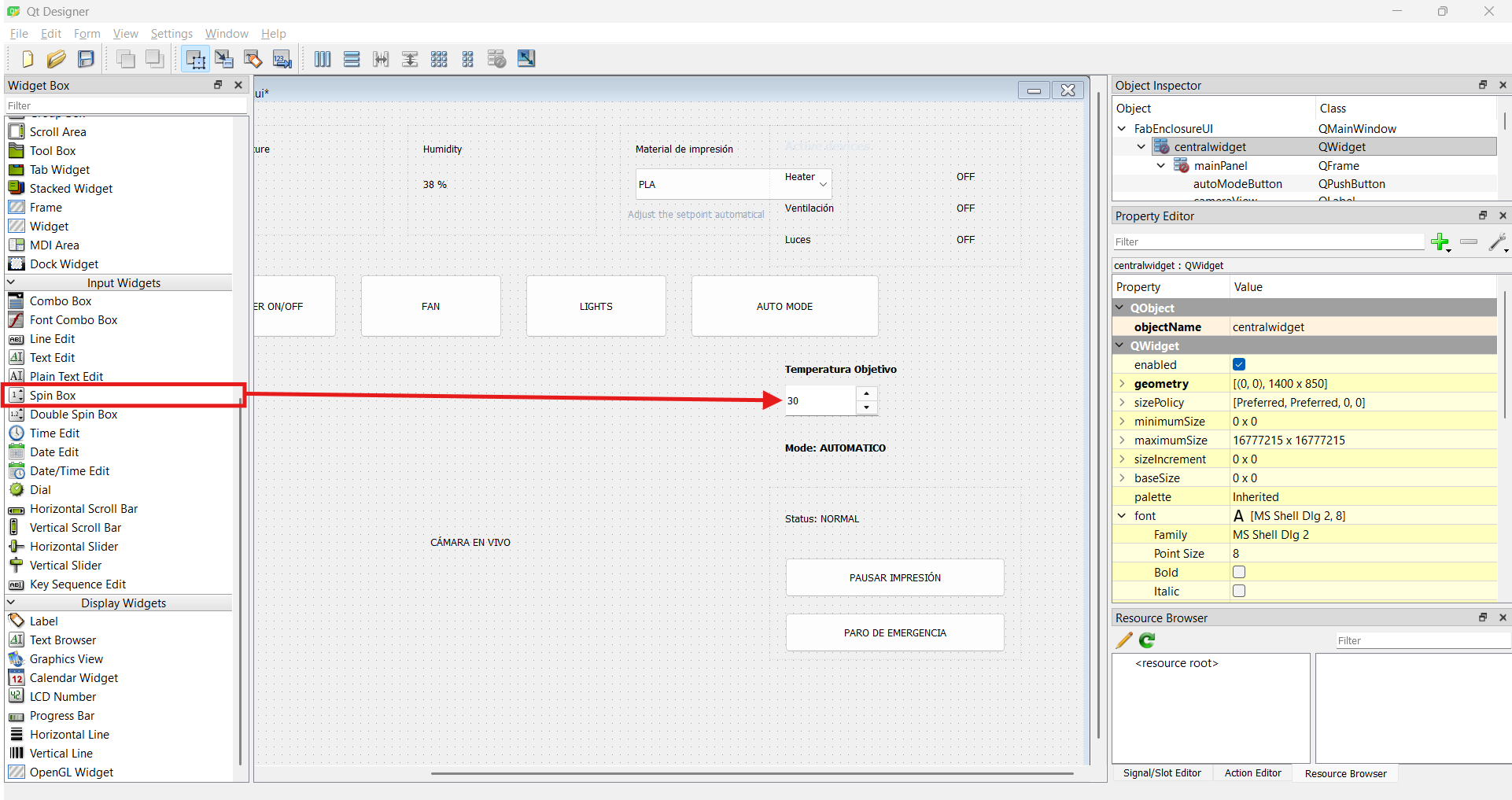 Qt Designer with the PrintVault Pro interface open, showing the Widget Box, Object Inspector and Property Editor