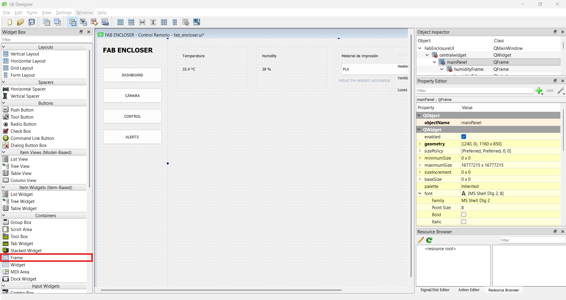 Qt Designer with the PrintVault Pro interface open, showing the Widget Box, Object Inspector and Property Editor
