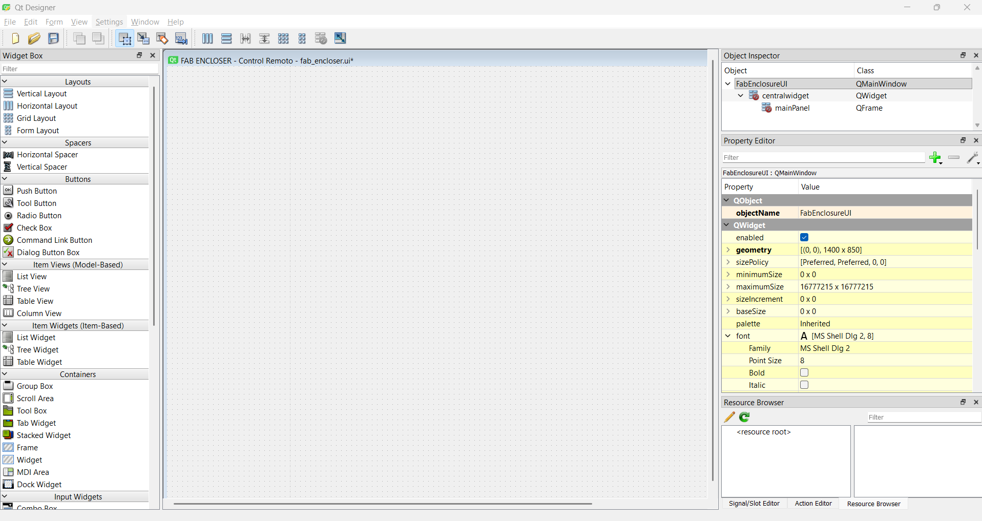 Qt Designer with the PrintVault Pro interface open, showing the Widget Box, Object Inspector and Property Editor