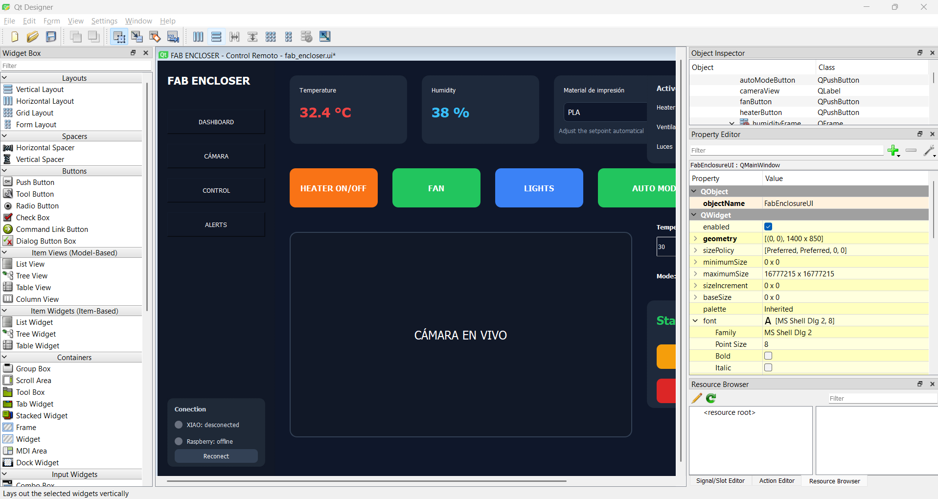 Qt Designer with the PrintVault Pro interface open, showing the Widget Box, Object Inspector and Property Editor