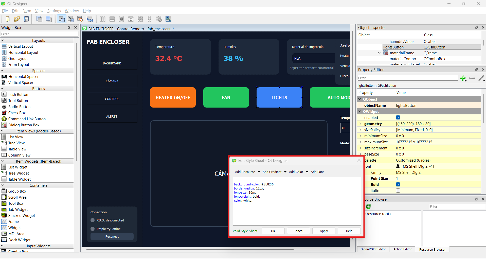 Qt Designer with the PrintVault Pro interface open, showing the Widget Box, Object Inspector and Property Editor