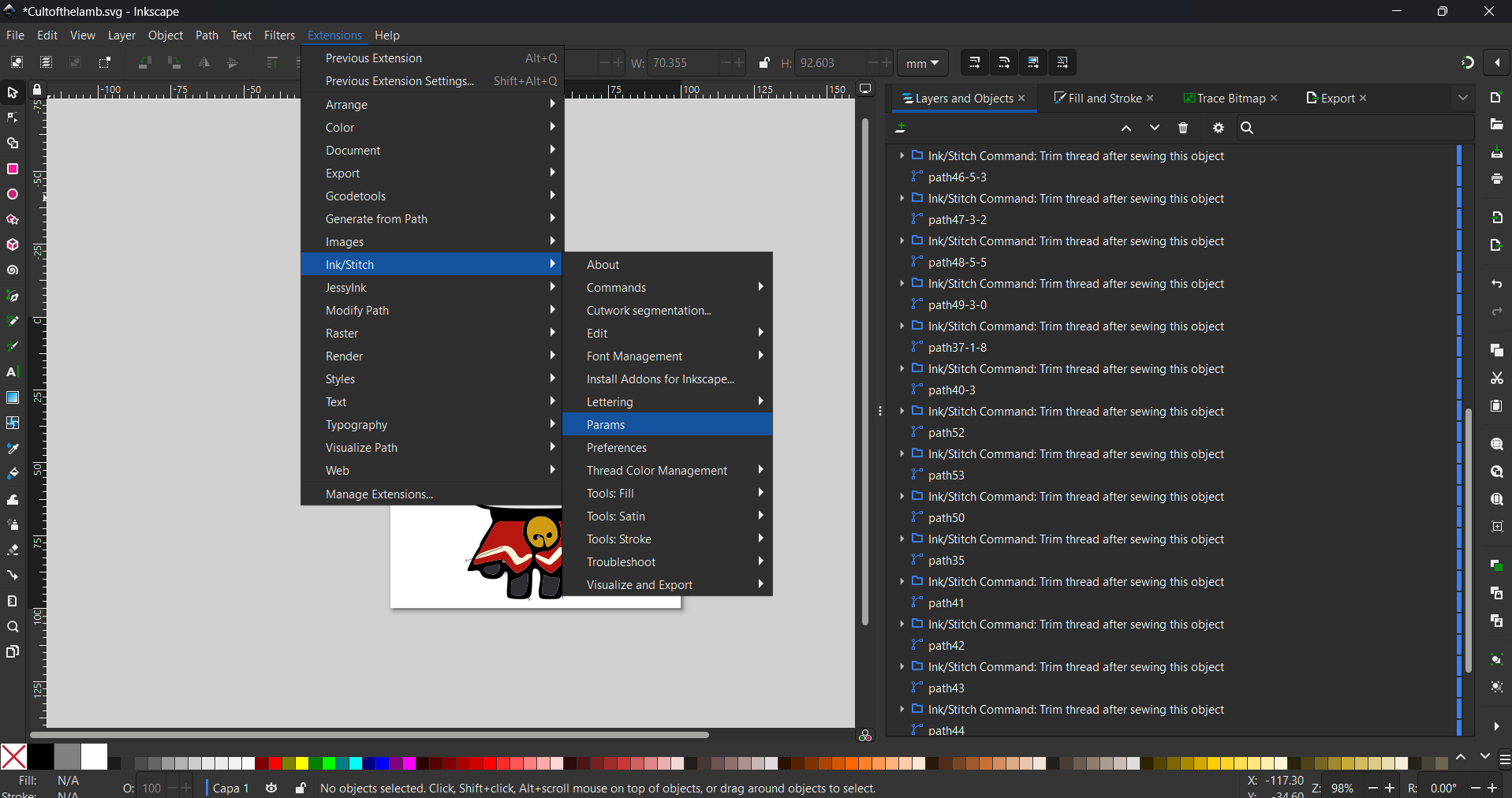 Opening the Ink/Stitch Params dialog