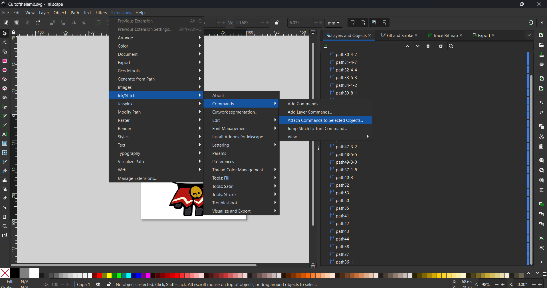 Attach Commands to Selected Objects dialog with Trim thread checked