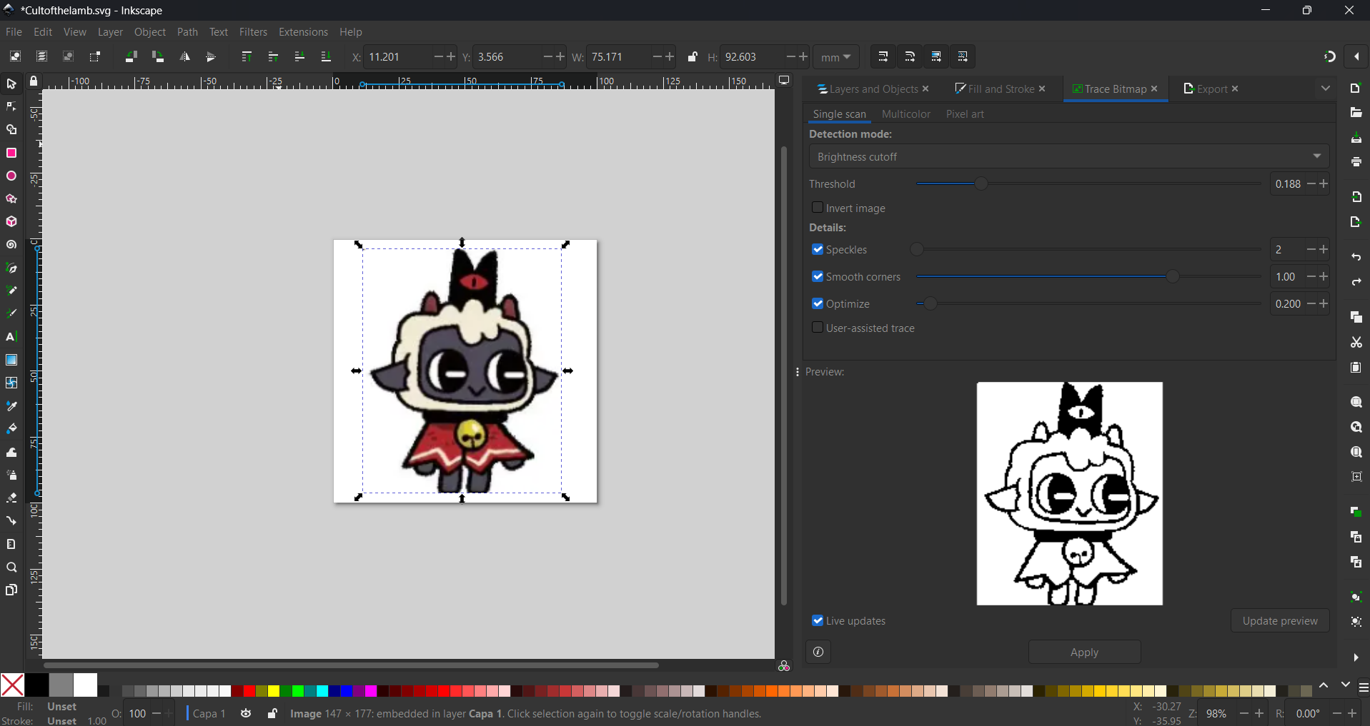 Trace Bitmap panel with the preview of the traced character