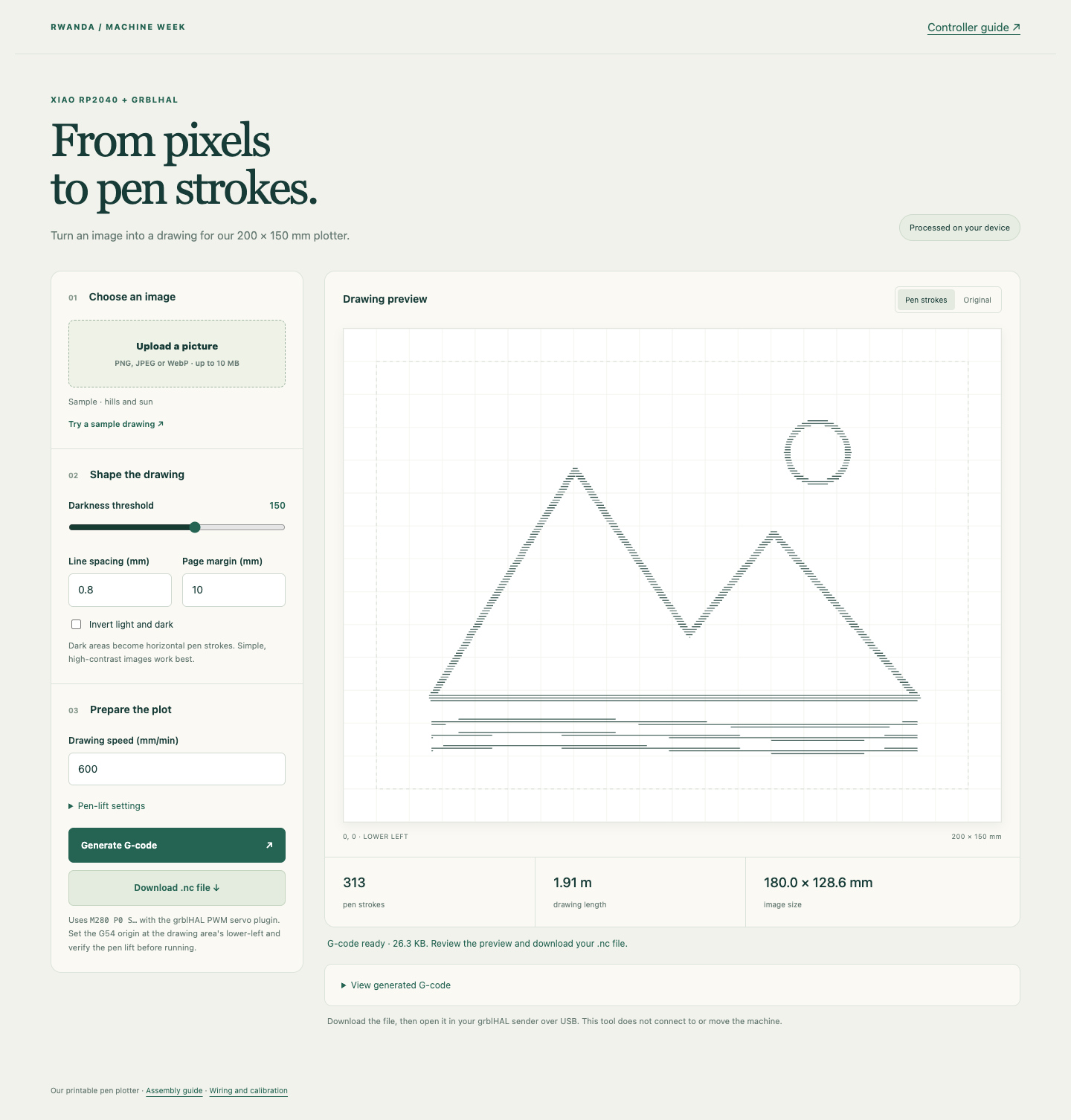 The drawing tool running locally with its sample converted to pen strokes.