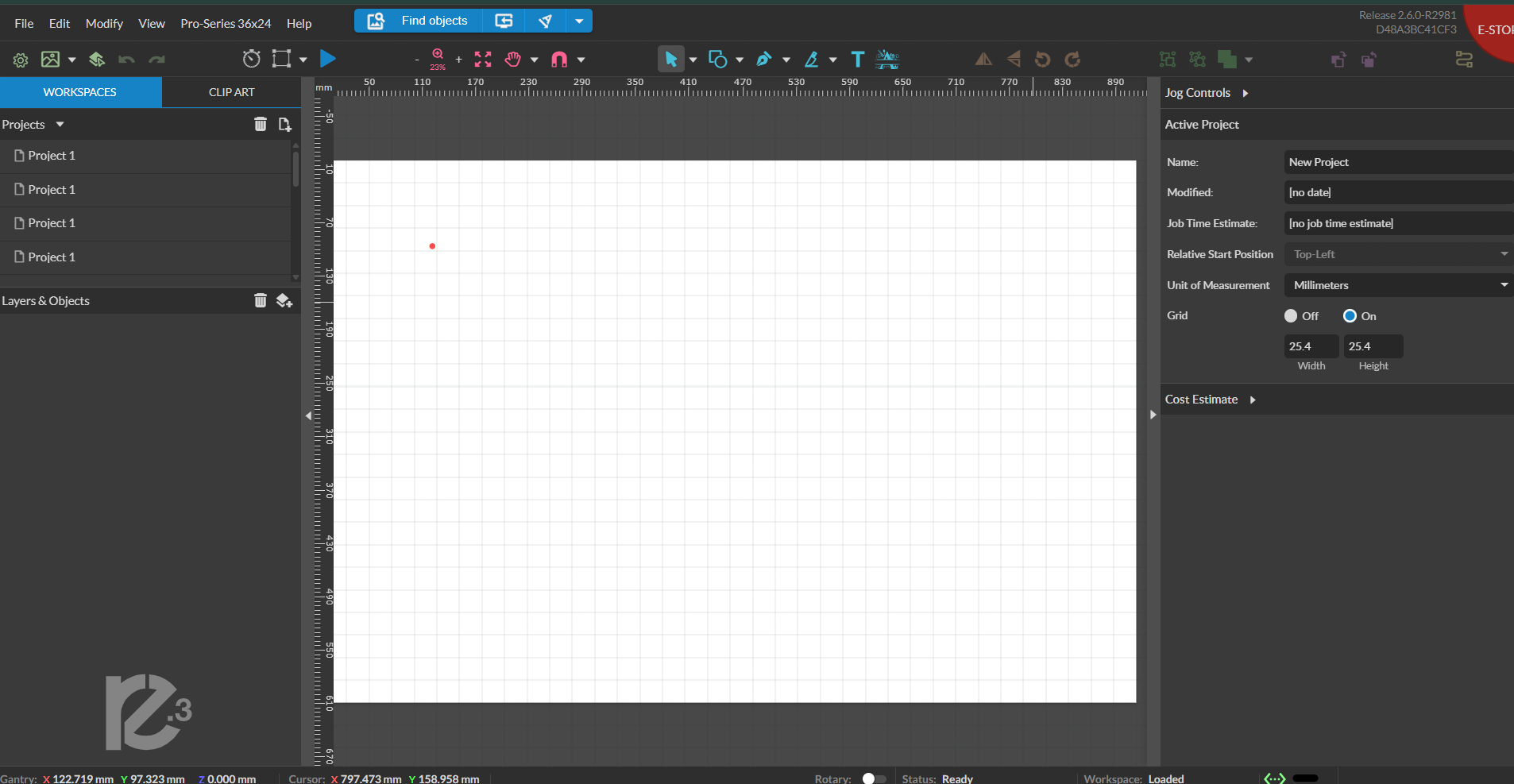 Laser cutter origin software view