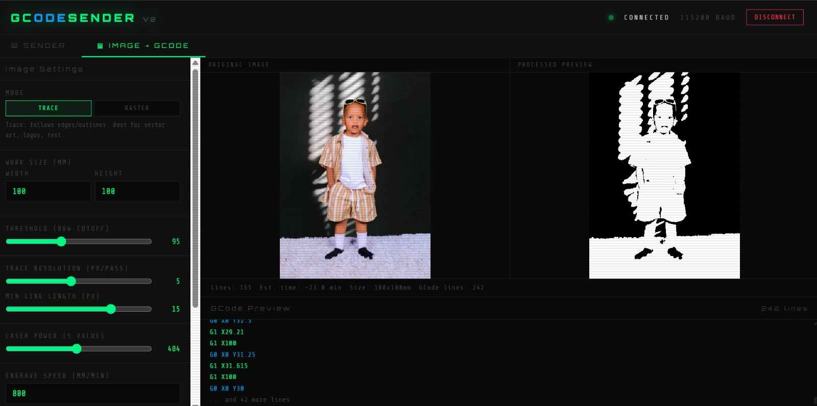 G-code generator software interface with loaded image