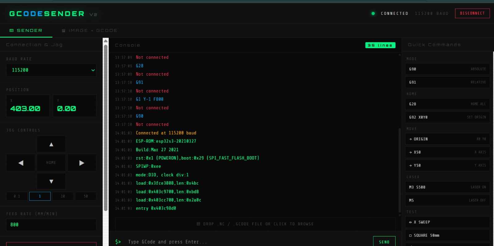 G-code control interface dashboard