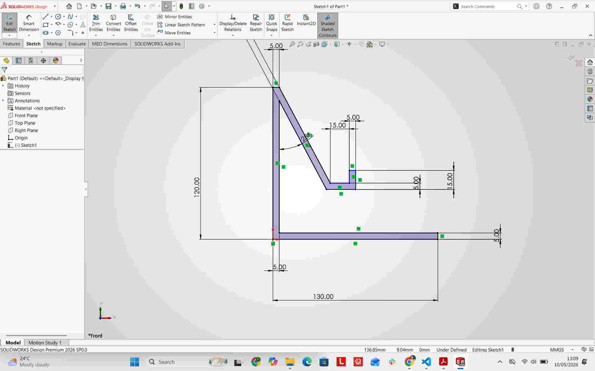 Fully defined sketch with dimensions