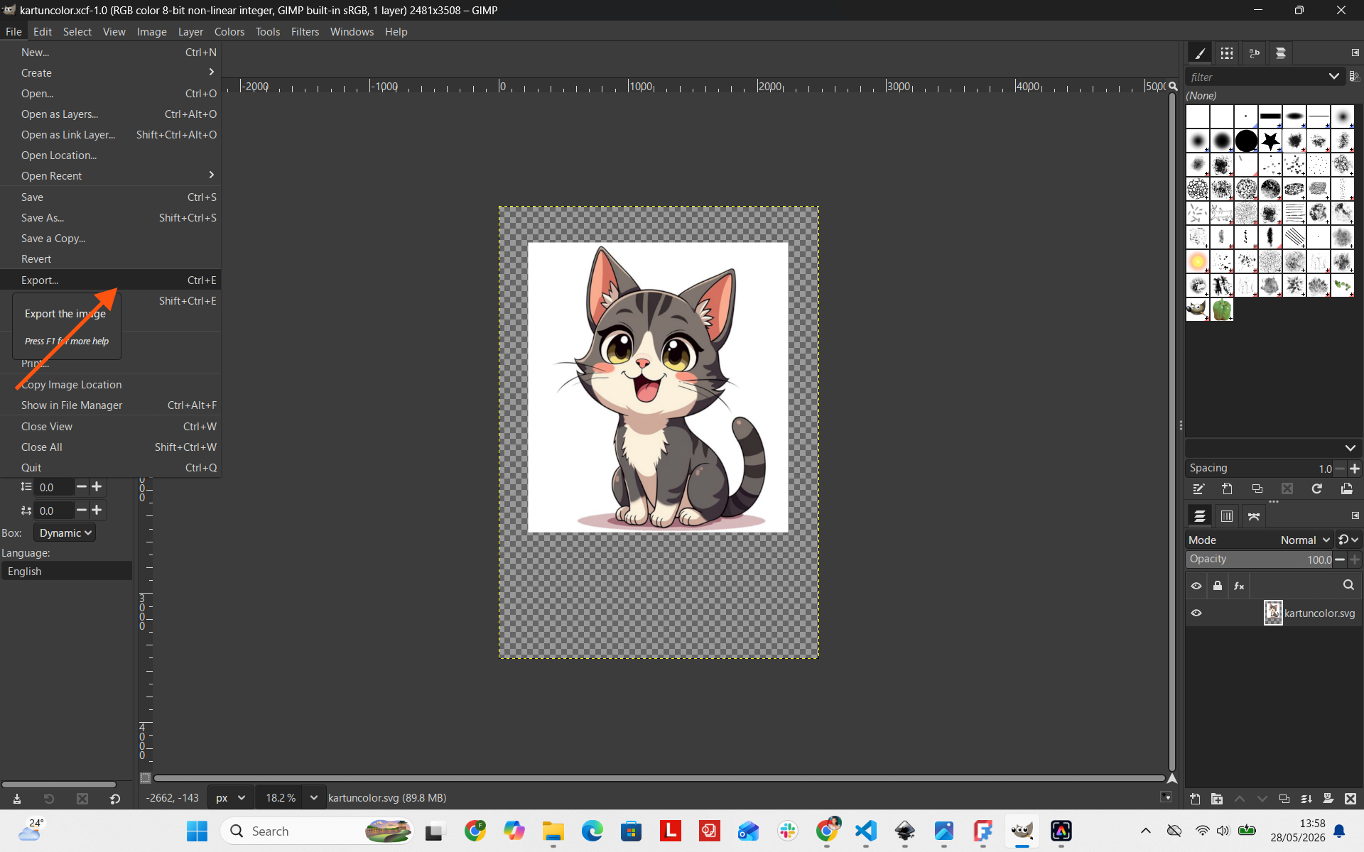Exporting PNG format in GIMP
