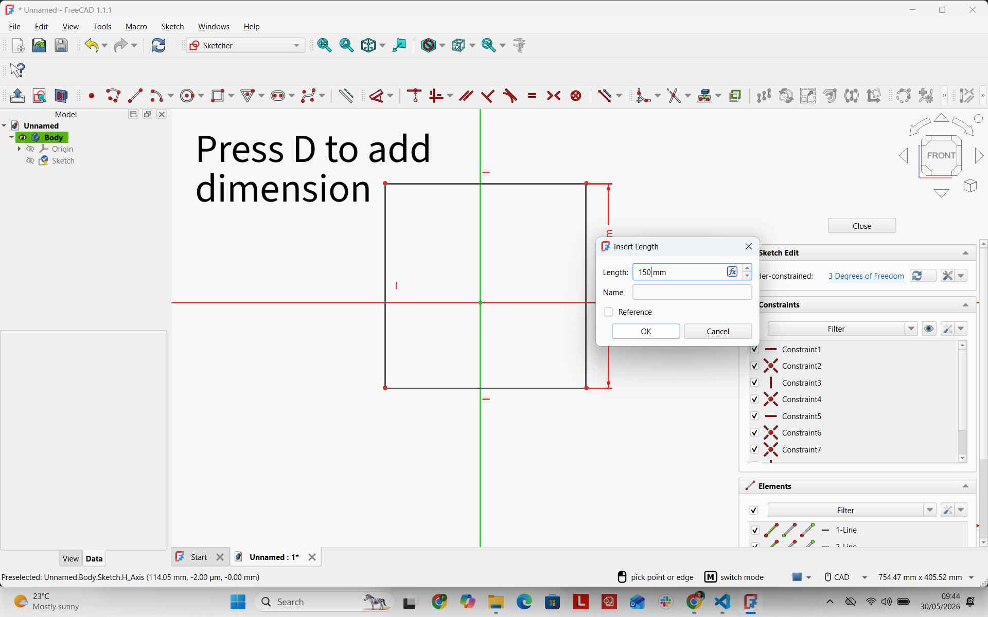 Adding dimensions in FreeCAD