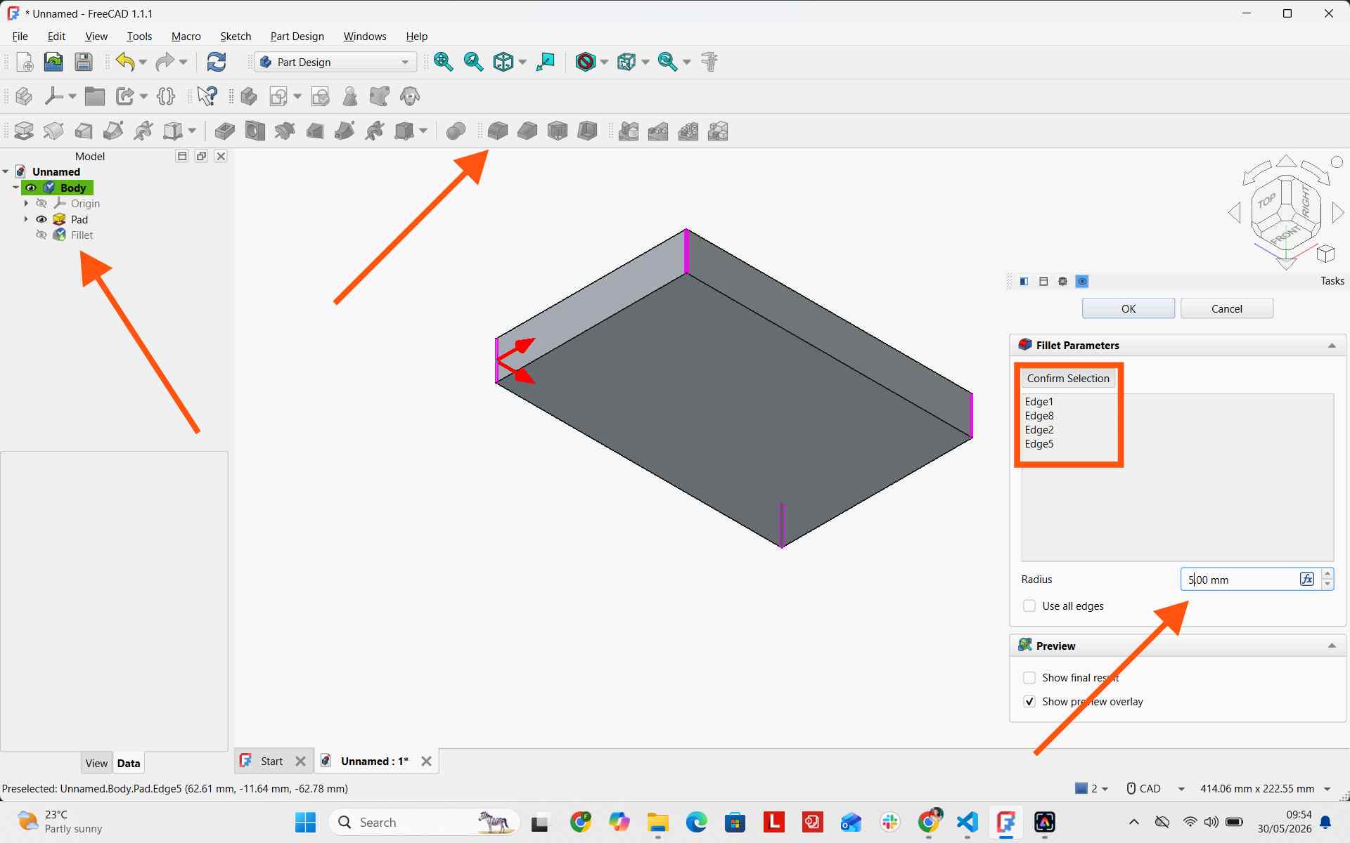 Applying 5mm fillets in FreeCAD